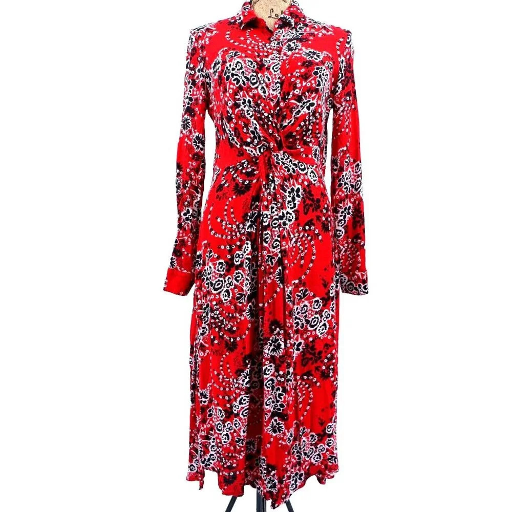 Free People Dress Women 2 Red Black Floral Twisted Waisted Pockets Boho Chic